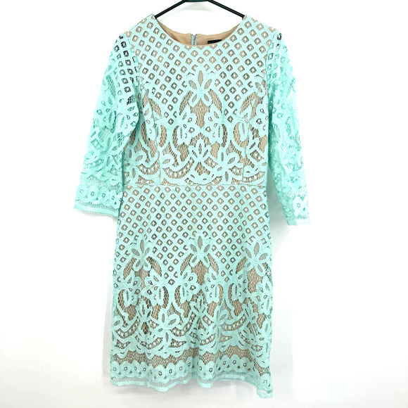 Gabby Skye size 10 blue lace mini dress lined elbow length sleeves rear‎ zip - Picture 1 of 6